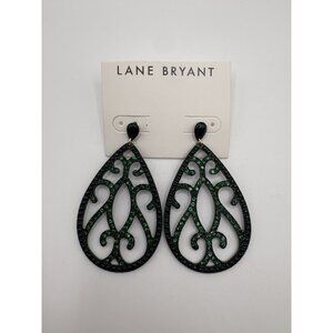 NWT Lane Bryant Filigree Green Pave Crystal Drop Earrings Statement Large